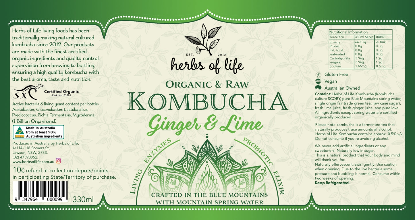 Herbs of Life Organic & Raw Kombucha - Ginger & Lime