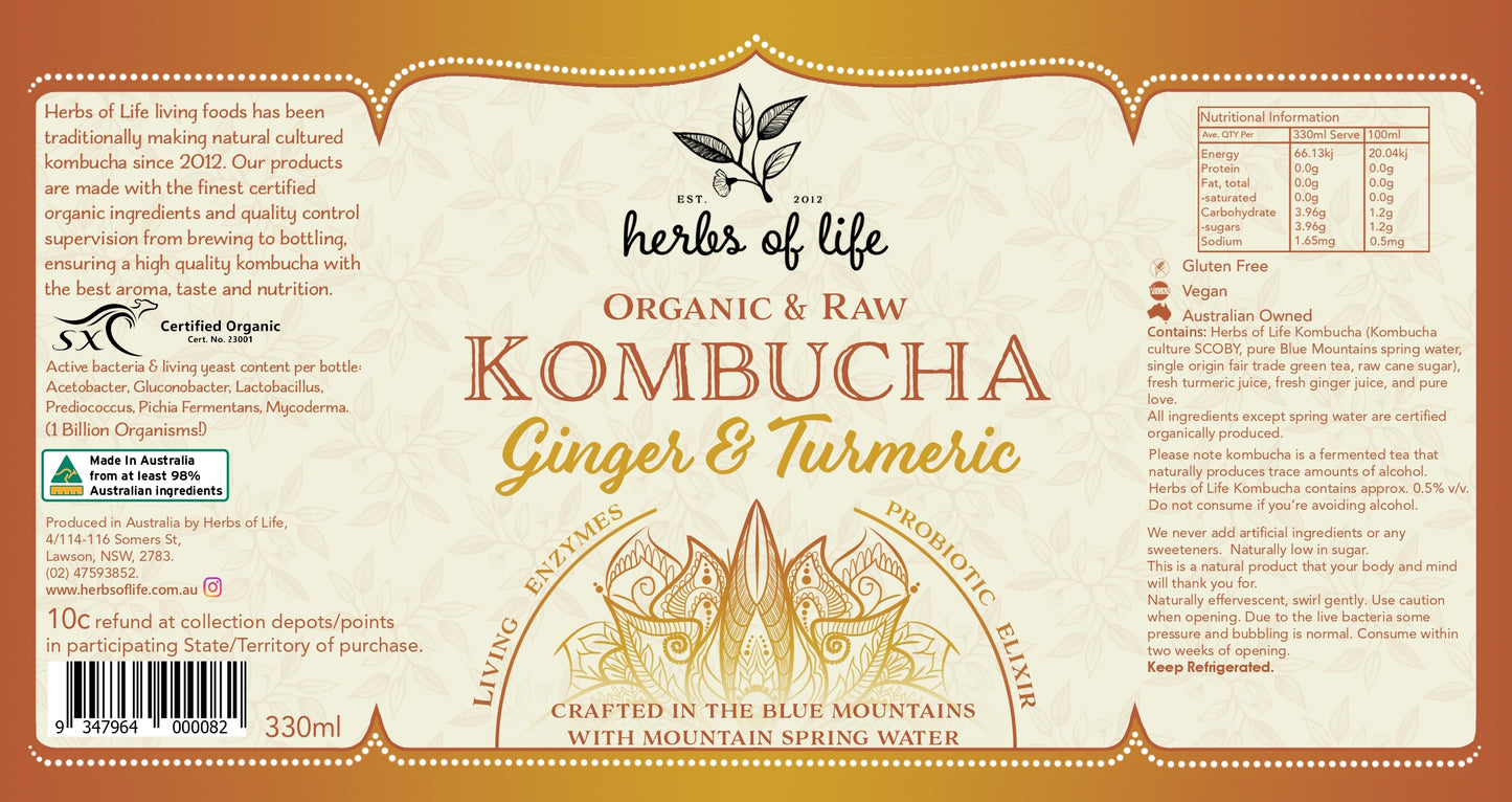 Herbs of Life Organic & Raw Kombucha - Ginger & Turmeric