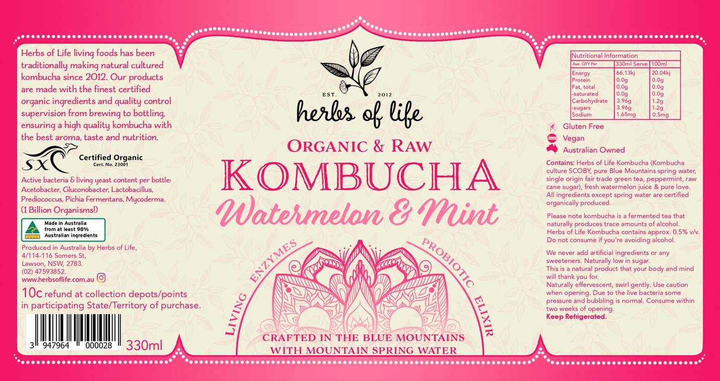 Herbs of Life Organic & Raw Kombucha - Watermelon Mint