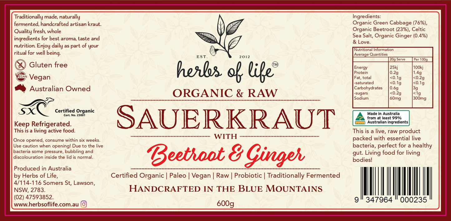 Herbs of Life Organic & Raw Sauerkraut with Beetroot & Ginger